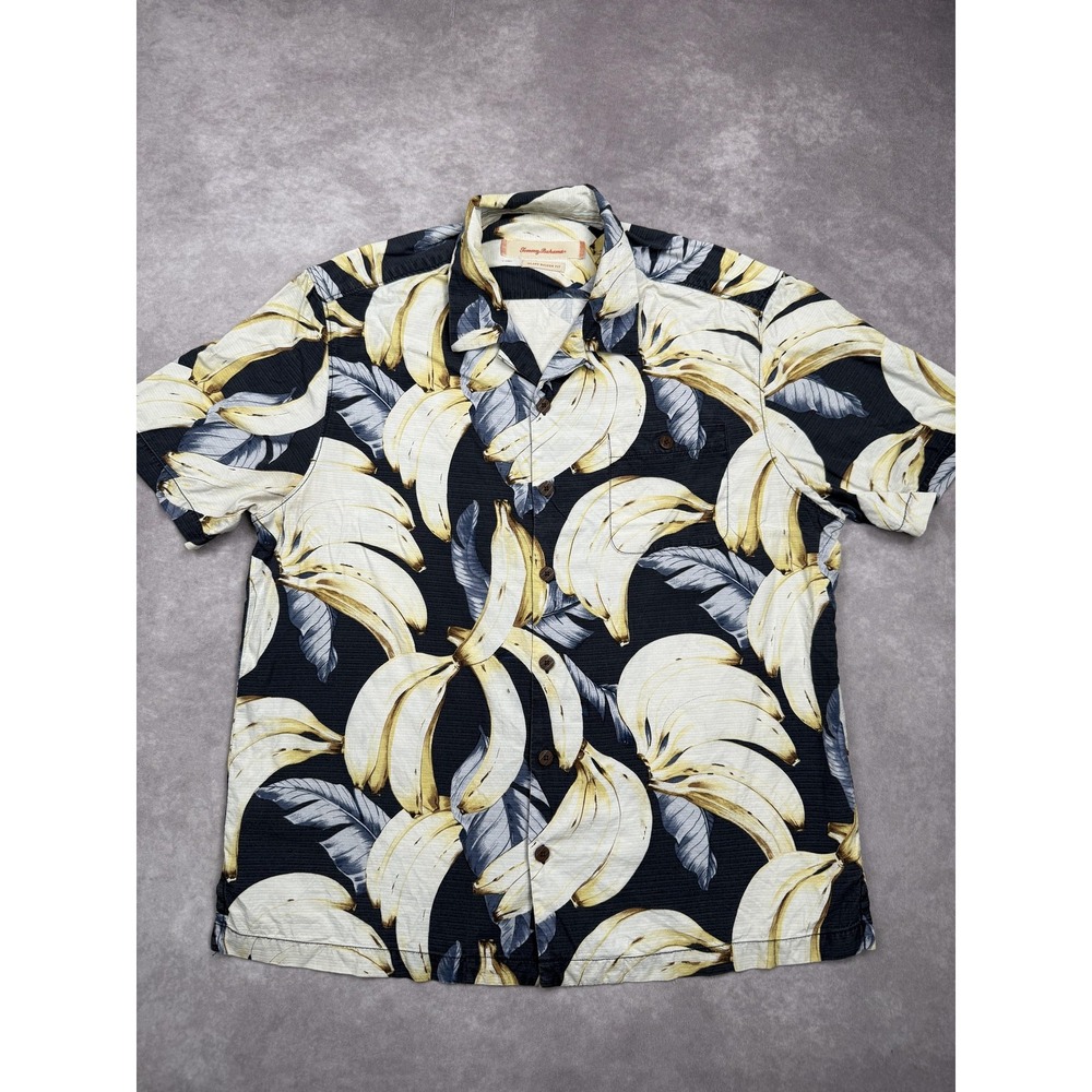Tommy Bahama‎ Shirt Mens Extra Large Black Silk Banana Print Hawaiian Button Up